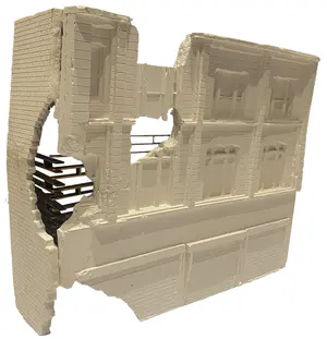 This building has been chosen due to the clear retrofit it has already undergone. The building has two halves, a modern function on street level with roller shutter doors. These doors seem very out of place as they are not shy in hiding their presence. Then the top half is traditional stone and mortar with some elements of detailing around the windows. I wonder what the addition would look like with the zero- carbon material repair pallet. - Ryan Cooksey Building 2 Model 4.png